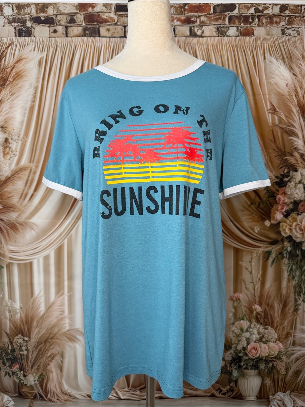 Blue Ringer Tee with Retro Sunshine Graphic